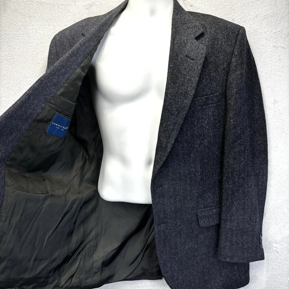 Vintage 100% Shetland Wool Tweed Blazer Jacket Mens 42L‎ Gray Blue Herringbone